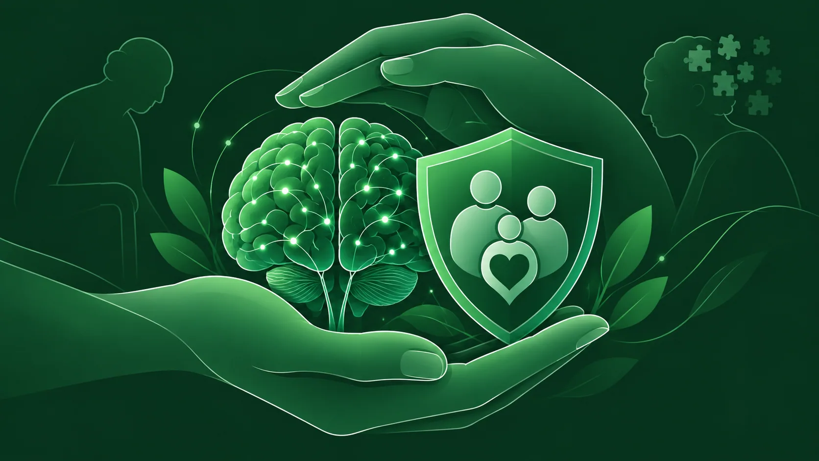 Ilustração verde de mãos protegendo cérebro e família em caso de doença neurológica
