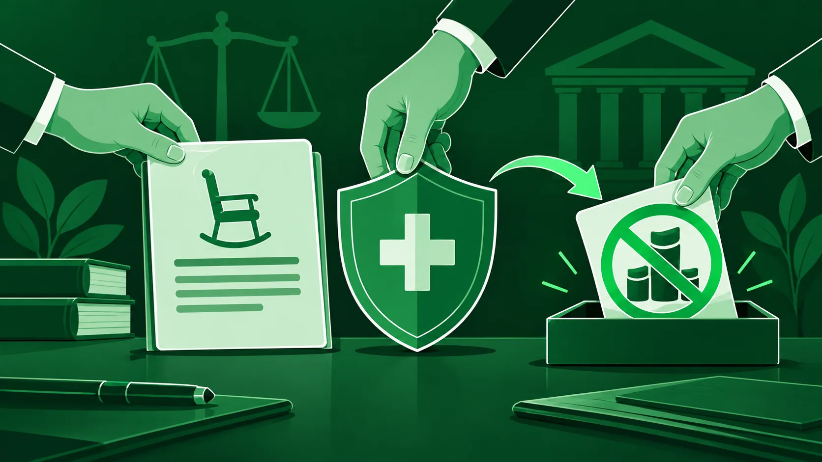 Ilustração verde de mãos organizando aposentadoria, proteção à saúde e isenção tributária