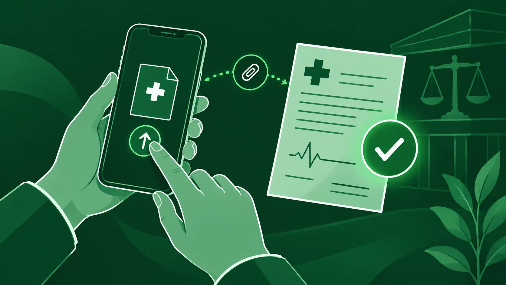 Ilustração verde de envio digital de atestado médico pelo celular