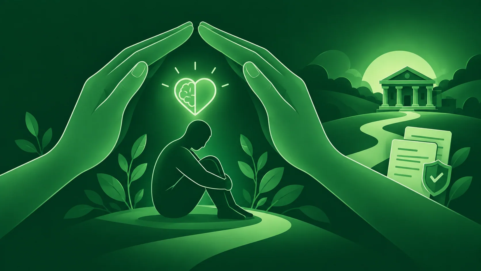Ilustração verde de mãos protegendo pessoa com sofrimento mental e caminho para apoio social