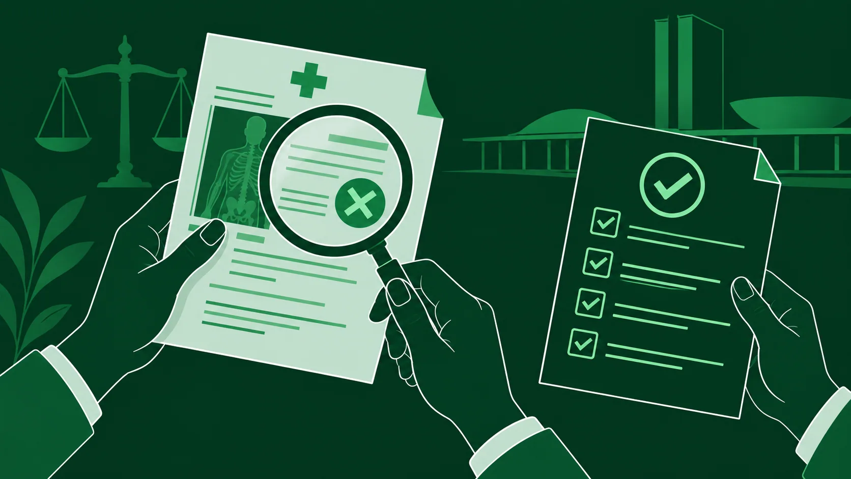 Ilustração verde de conferência de atestado médico para perícia do INSS