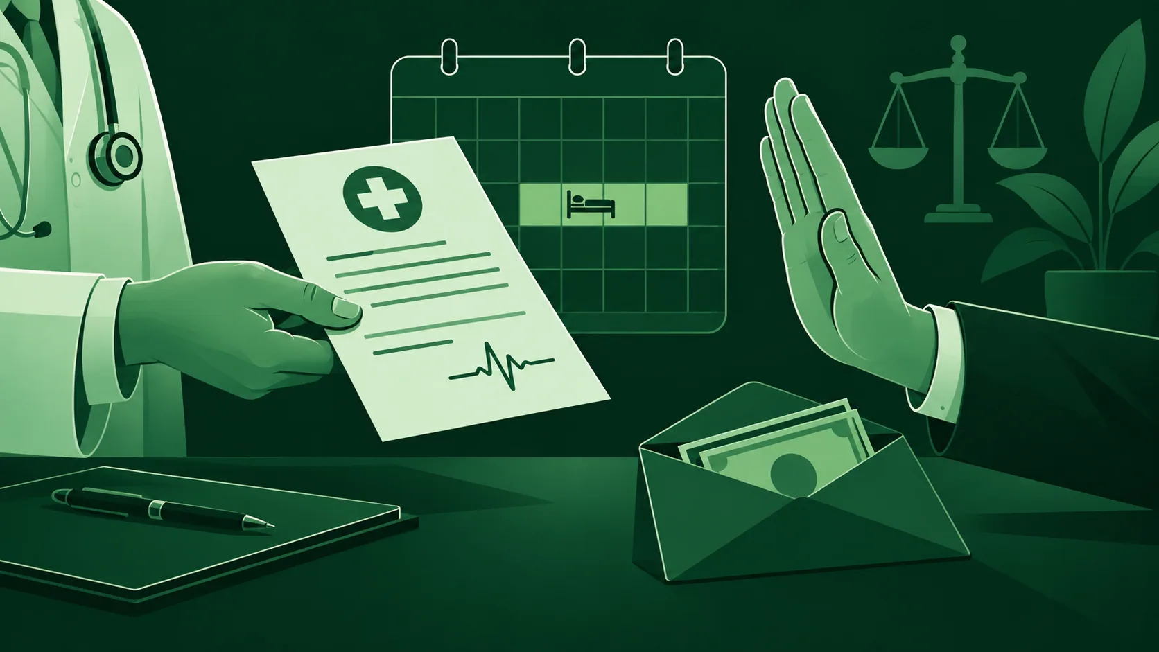 Ilustração verde de entrega de atestado e recusa de pagamento do afastamento