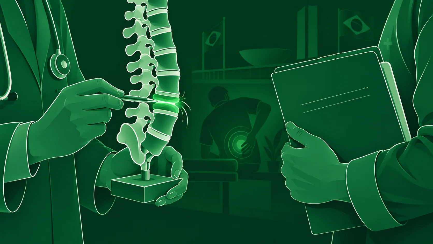 Ilustração verde de avaliação médica da coluna e de hérnia de disco
