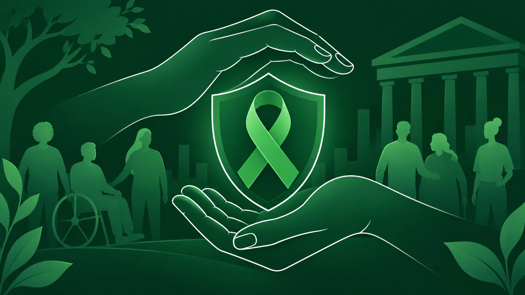 Ilustração verde de mãos protegendo laço de conscientização e pessoas contra o estigma social