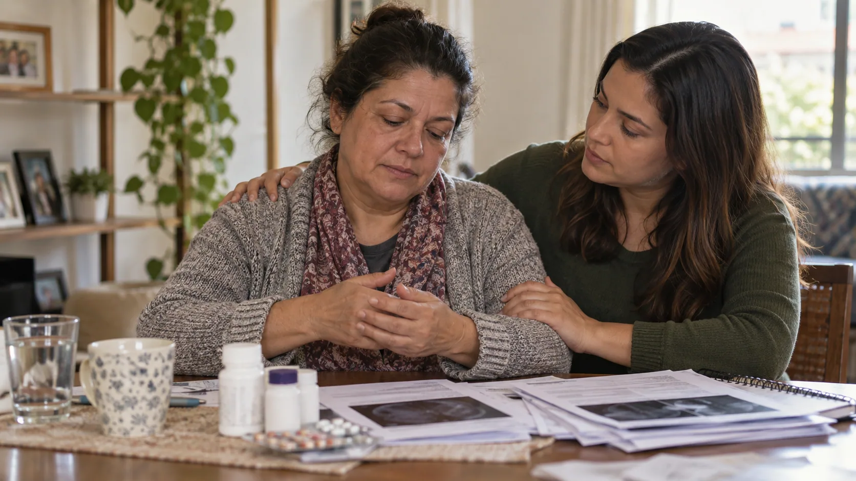 Mulher com dores reumatológicas recebe apoio enquanto organiza exames e medicamentos