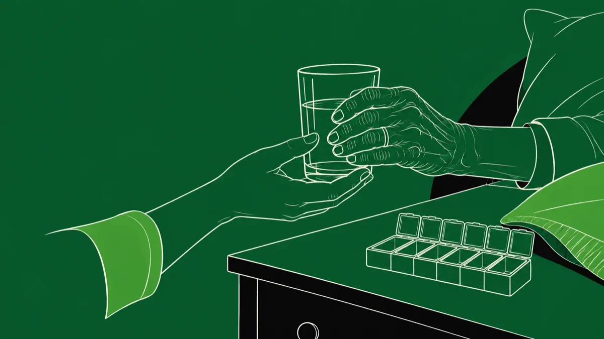 Ilustração da mão de uma cuidadora ajudando a mão de uma pessoa idosa a segurar um copo d'água, ao lado de uma caixa de remédios