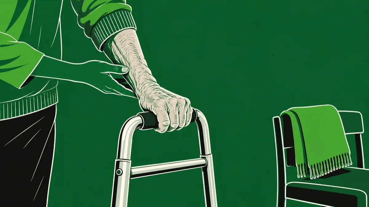 Ilustração da mão de um cuidador amparando o braço de uma pessoa idosa apoiada num andador