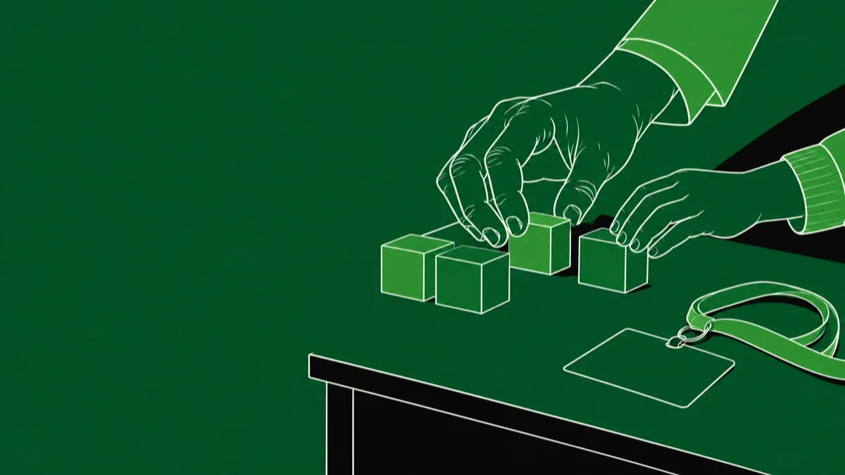Ilustração das mãos de um adulto e de uma criança enfileirando blocos de madeira sobre a mesa, ao lado de um cartão de identificação com cordão