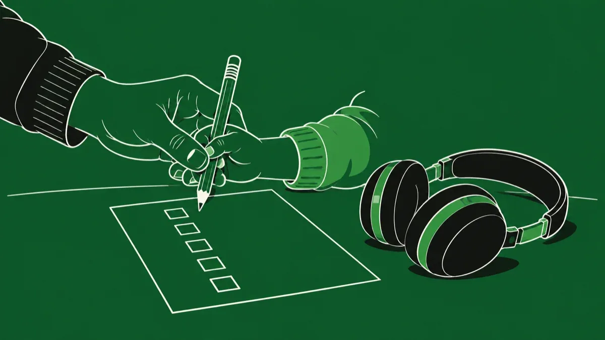 Ilustração da mão de um adulto e da mão de uma criança segurando juntas um lápis sobre uma folha de caixas em branco, com um fone abafador ao lado