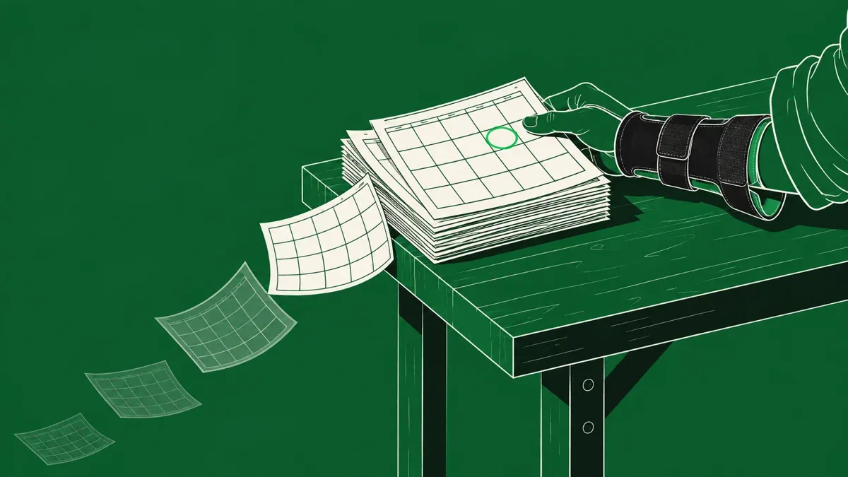Ilustração de uma mão com tala no punho segurando folhas de calendário que caem da bancada, como os meses de auxílio-acidente que ficaram para trás