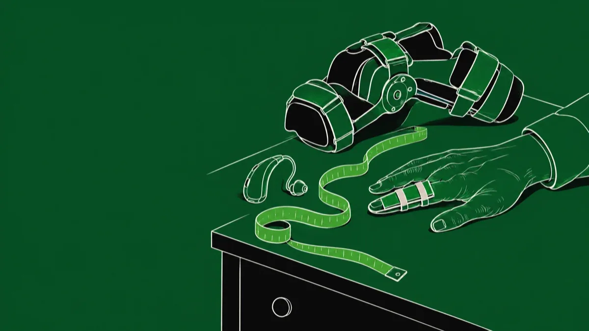 Ilustração de uma mão com tala no dedo sobre a bancada, ao lado de uma joelheira articulada, um aparelho auditivo e uma fita métrica verde