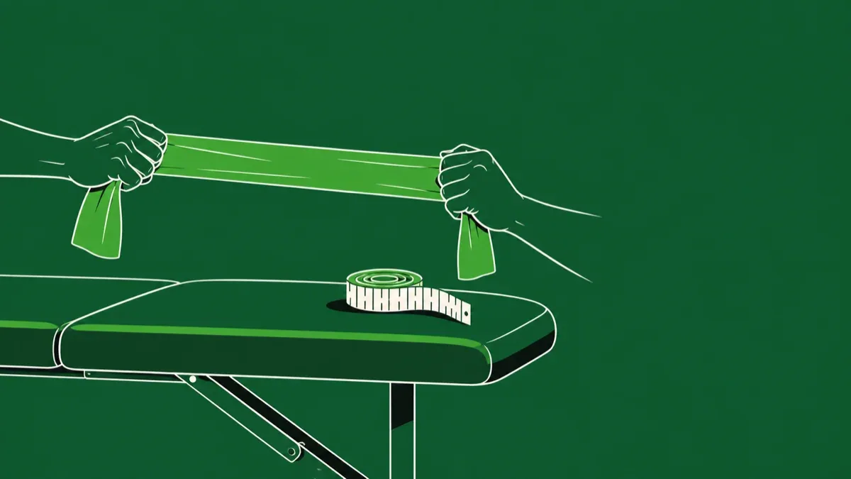 Ilustração de duas mãos esticando uma faixa elástica de fisioterapia sobre uma maca, com uma fita métrica ao lado