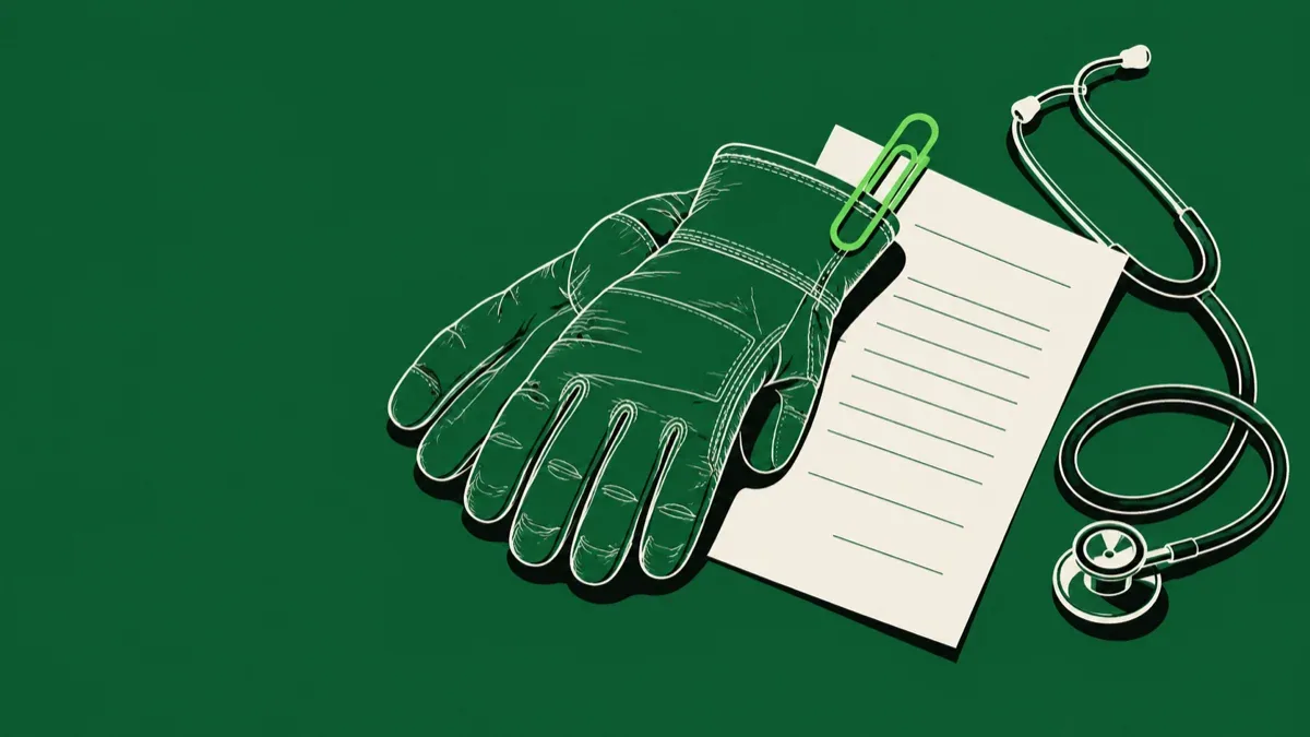 Ilustração de luvas de trabalho presas por um clipe verde a um atestado médico, ao lado de um estetoscópio, representando a ligação entre o trabalho e a doença
