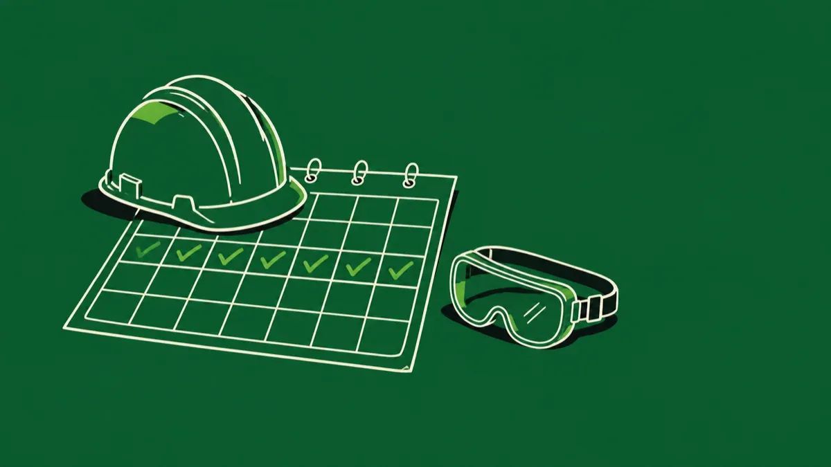Ilustração de um capacete de segurança sobre uma folha de calendário com uma fileira de quadrados marcados em verde