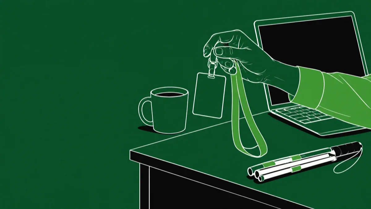 Ilustração de uma mão segurando um crachá de trabalho sobre a mesa do escritório, ao lado de um notebook, uma caneca e uma bengala dobrada