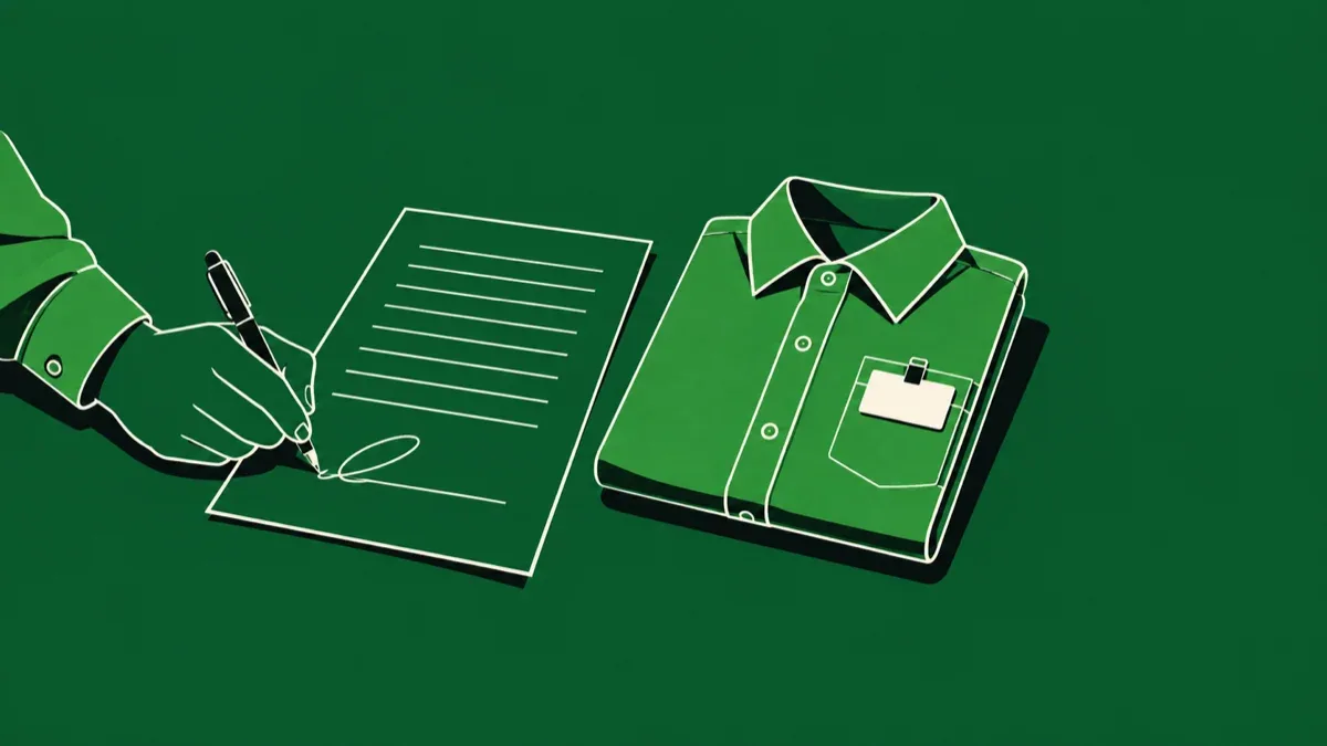 Ilustração de uma mão assinando um contrato em branco ao lado de uma camisa de trabalho dobrada com crachá sem nome
