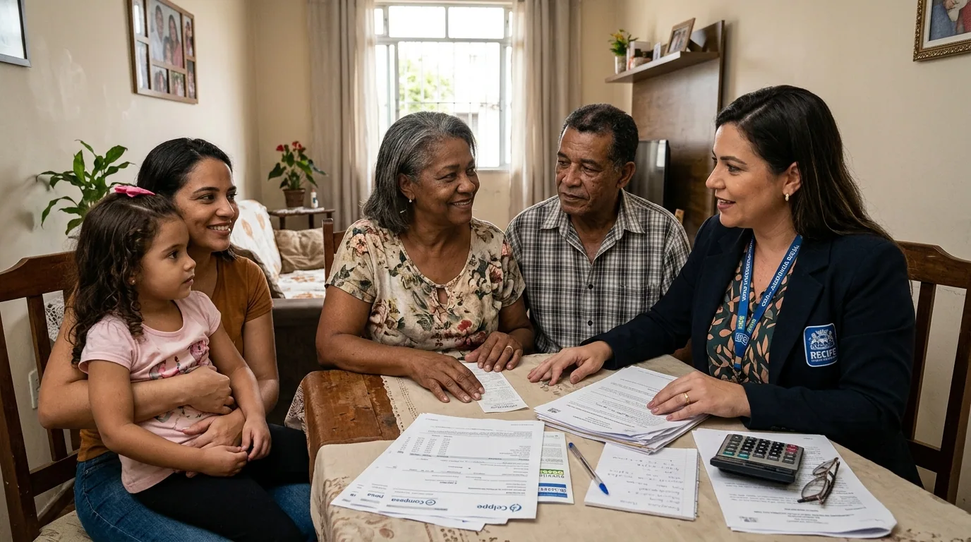 Família reunida com especialista calculando receitas e despesas médicas para o BPC LOAS