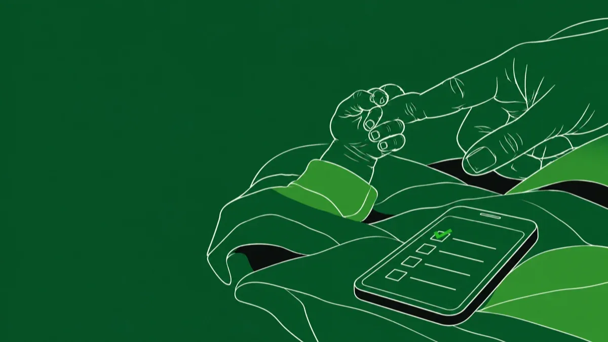 Ilustração da mão de um bebê recém-nascido segurando o dedo de um adulto sobre uma manta, ao lado de um celular com um formulário marcado