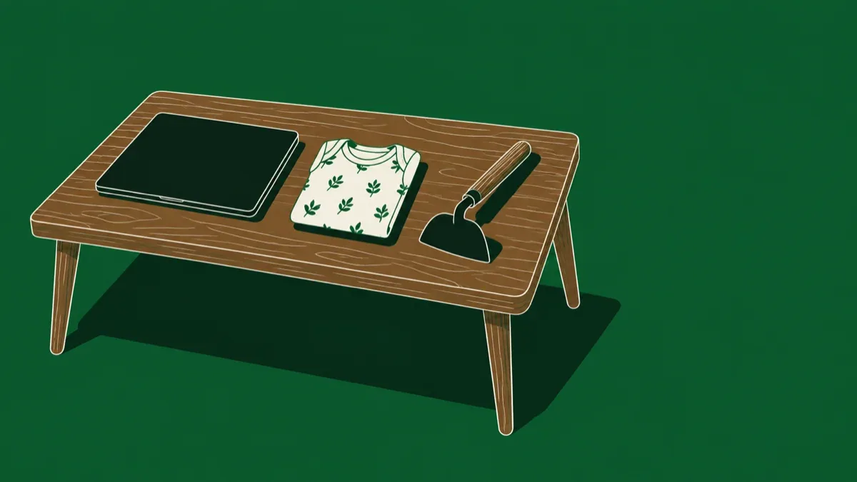 Ilustração de um macacão de bebê dobrado entre um notebook fechado e uma pequena enxada de jardim