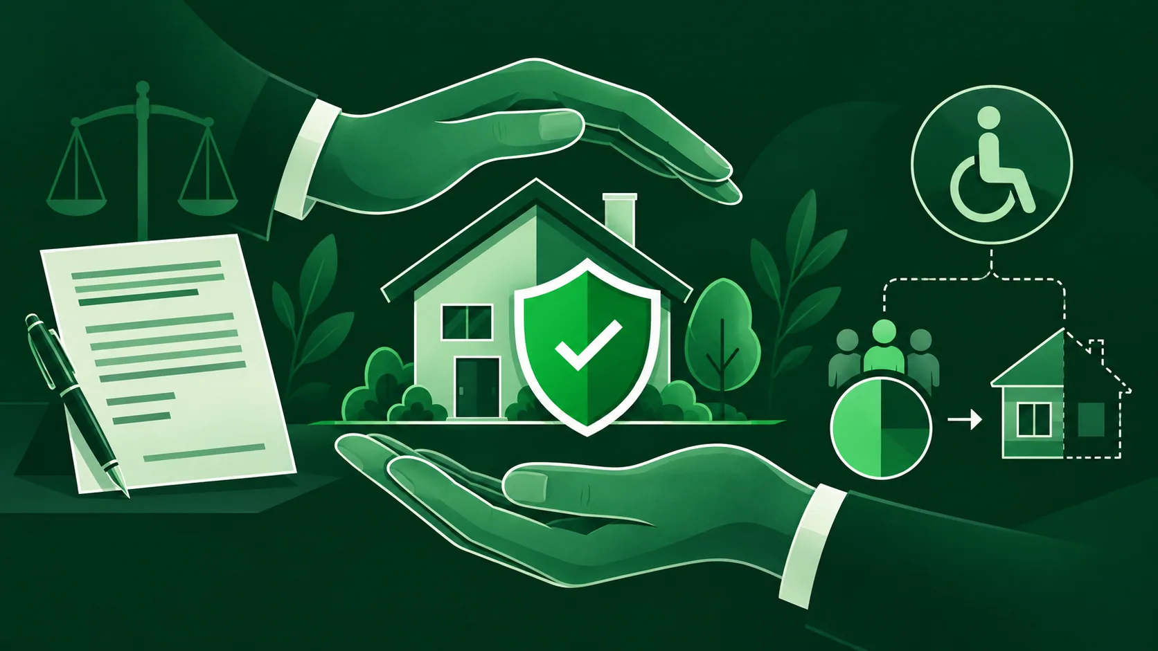 Ilustração verde de mãos protegendo uma casa com seguro de invalidez permanente