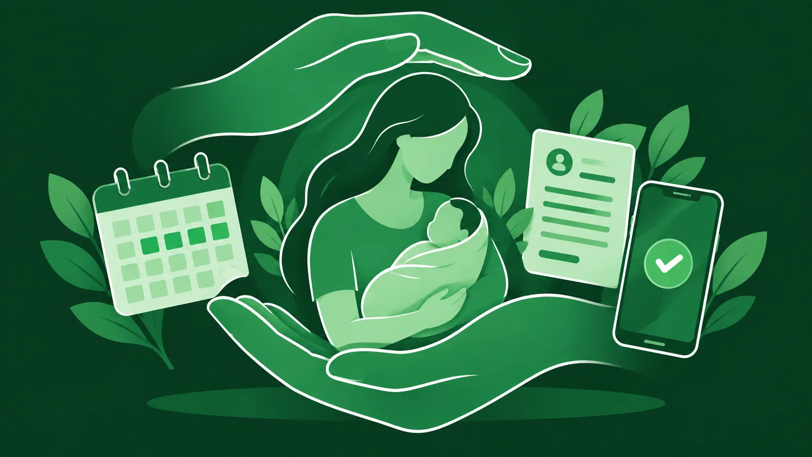 Ilustração verde de mãos protegendo mãe e bebê com calendário e pedido digital
