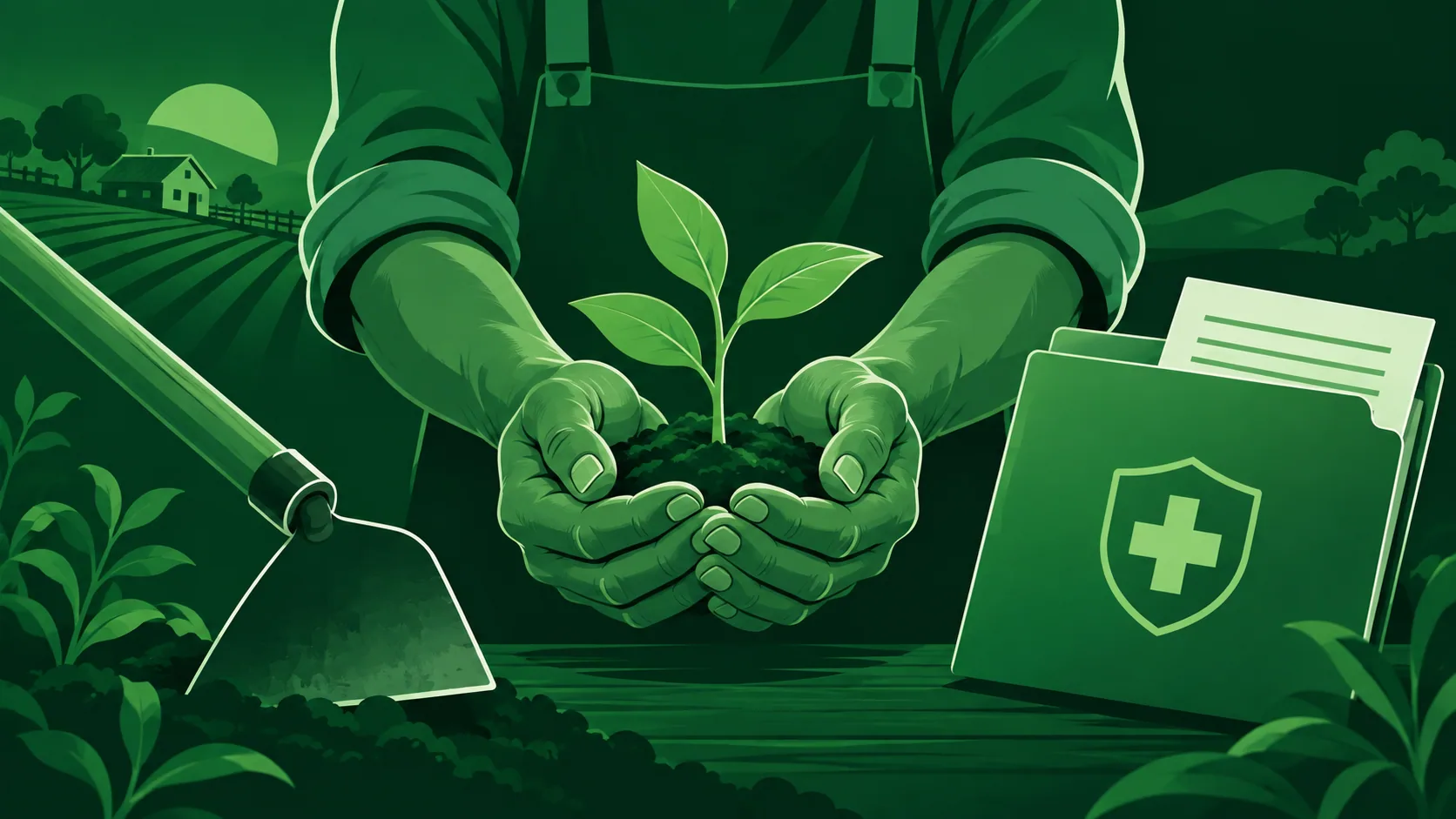 Ilustração verde de trabalhador rural com muda, ferramenta e documentos de saúde