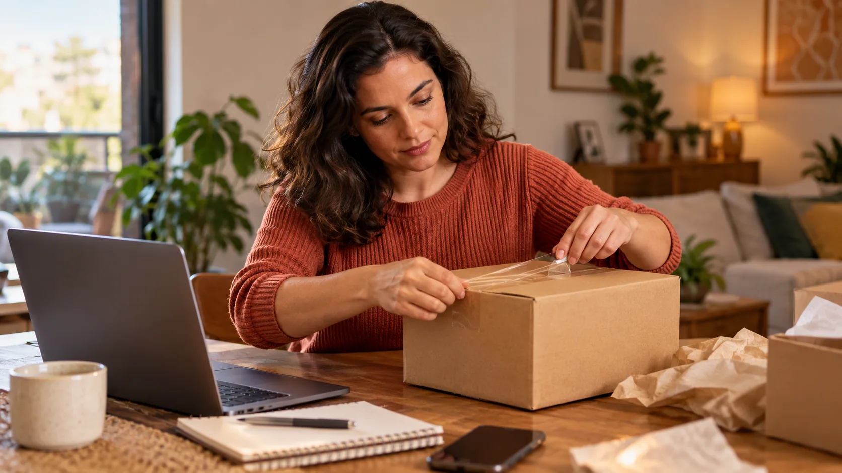 Consumidora adulta preparando devolução de caixa sem marca ao lado de notebook