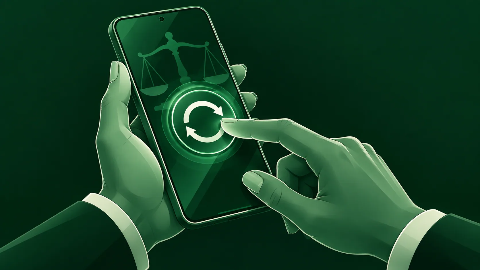 Mãos interagindo com smartphone abstrato e botão circular de renovação sem palavras