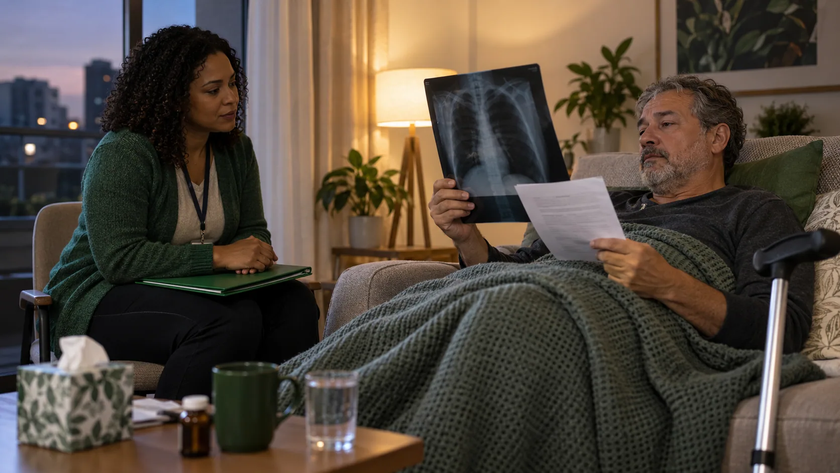 Cena editorial realista sobre Pneumonia com recuperação prolongada, produzida para o Garante Direito
