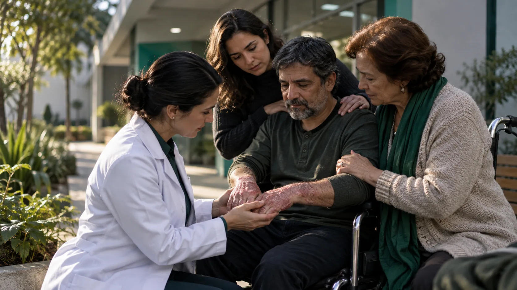 Cena editorial realista sobre Psoríase Grave em crise, produzida para o Garante Direito