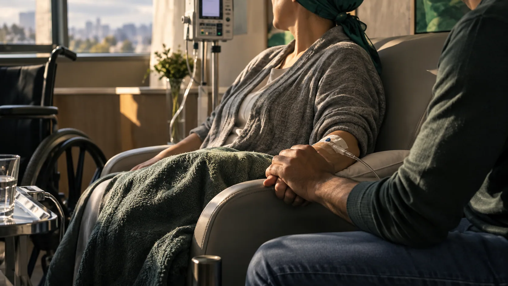 Cena editorial realista sobre Quimioterapia e efeitos incapacitantes, produzida para o Garante Direito