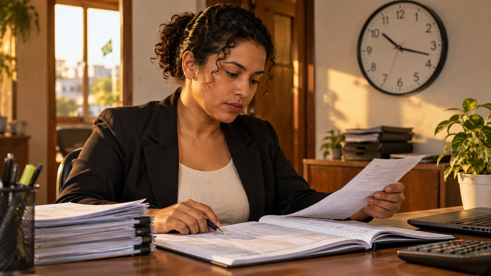 Trabalhadora adulta conferindo registros de jornada com relógio de parede ao fundo