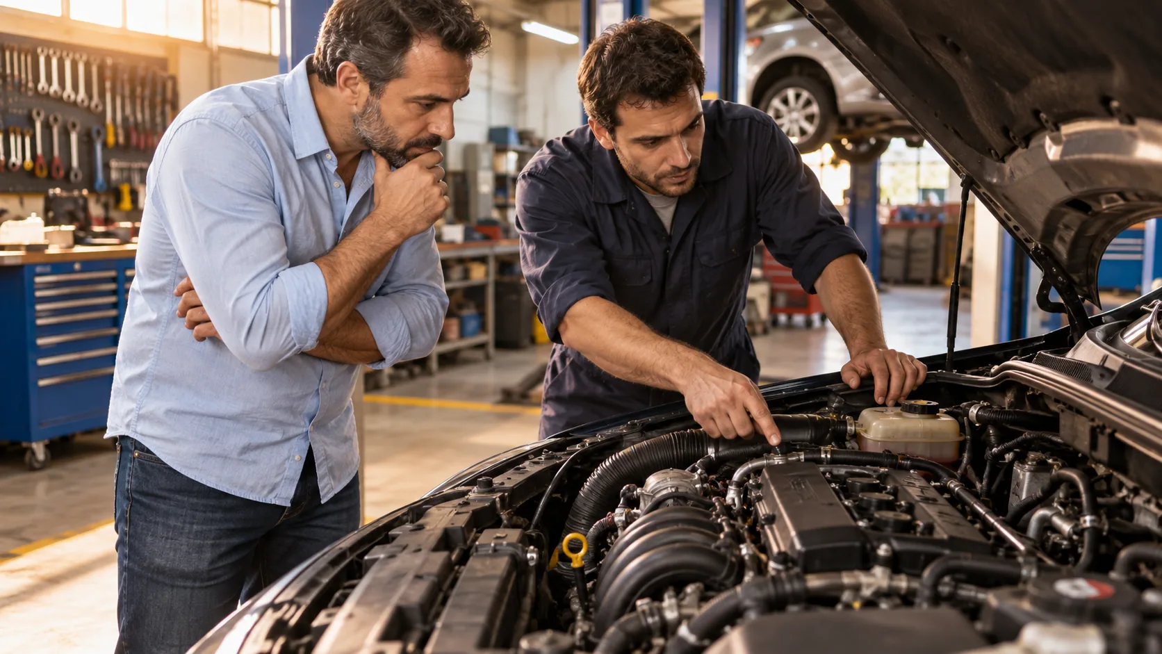 Comprador e mecânico examinando motor de automóvel usado em oficina organizada