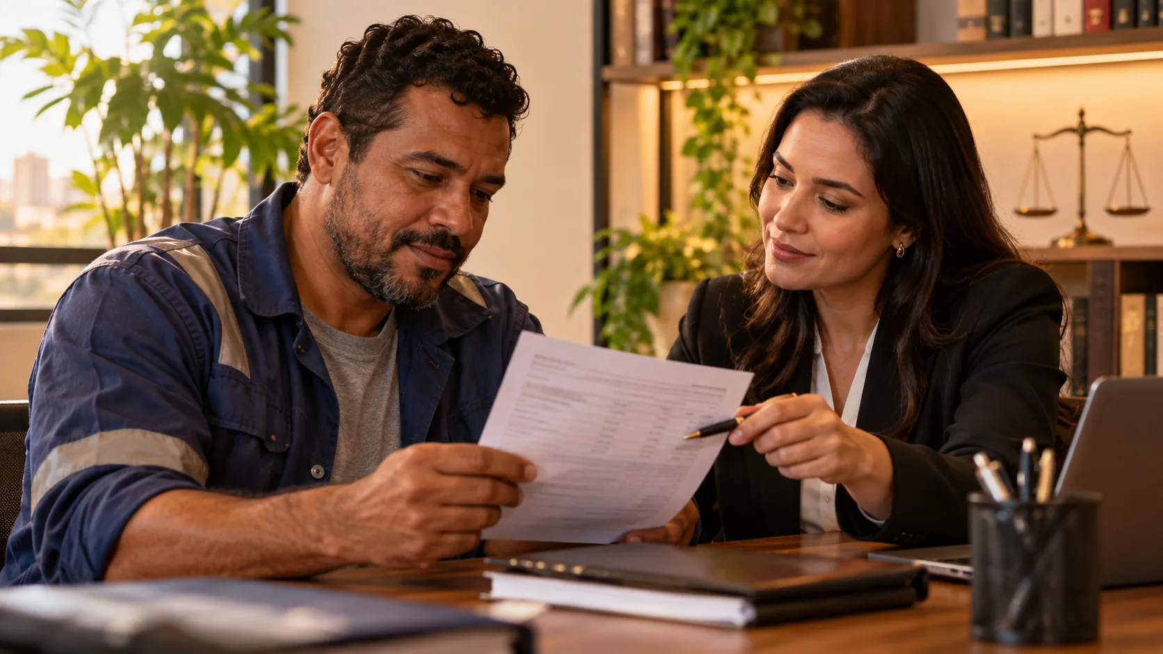 Trabalhador adulto analisando contracheque com consultora em escritório acolhedor