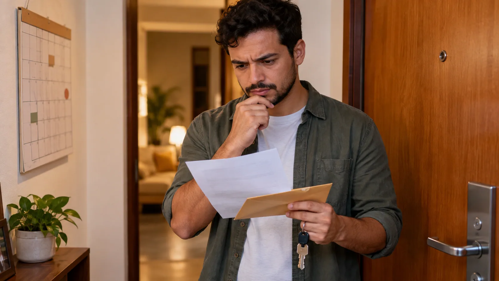 Inquilino conferindo cobrança de aluguel e calendário diante da porta de casa