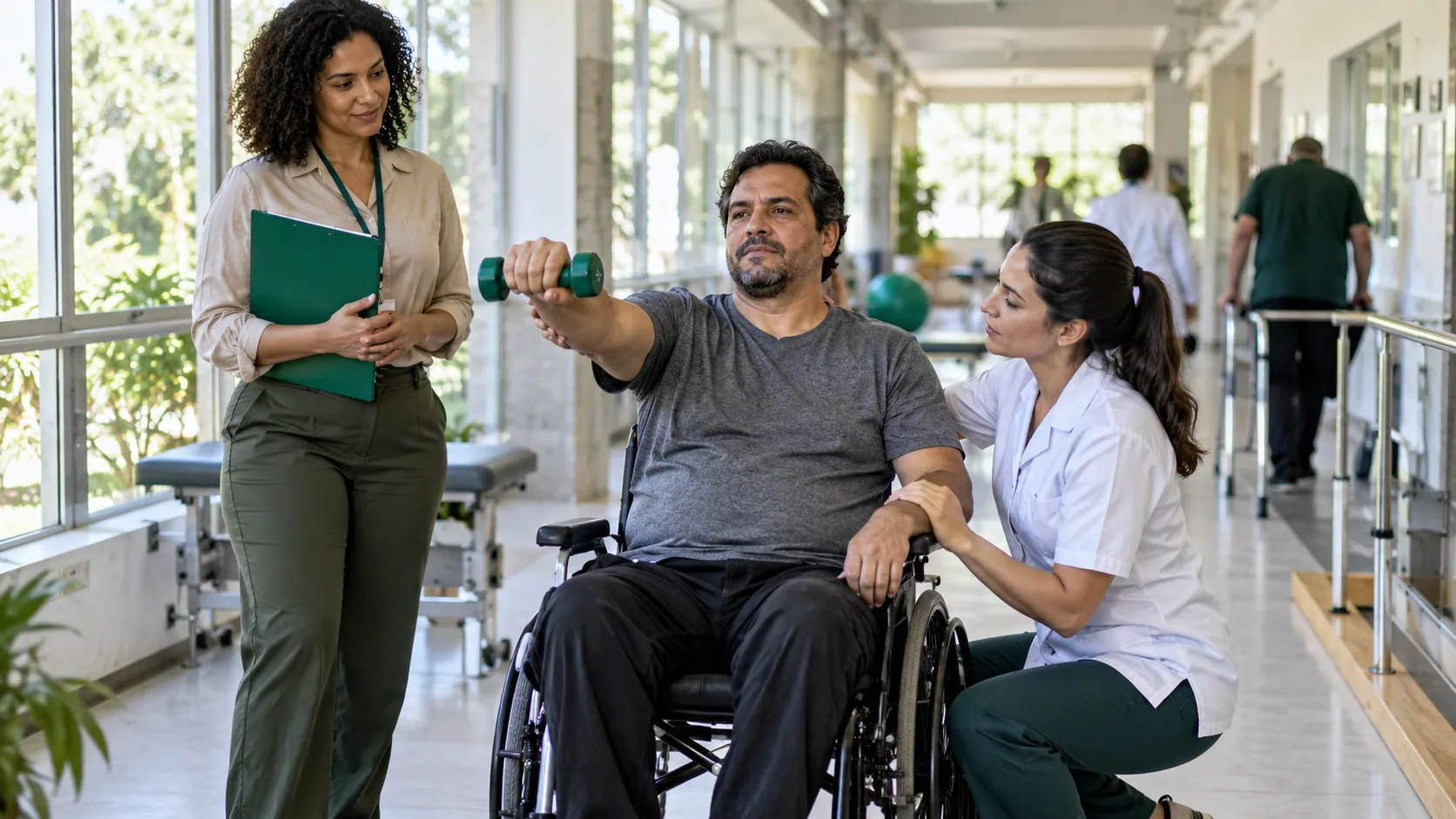 Cena editorial realista sobre Distrofia Muscular em adulto, produzida para o Garante Direito