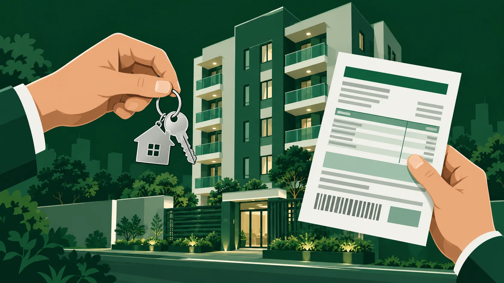Mãos segurando chave de apartamento e boleto condominial diante de edifício residencial