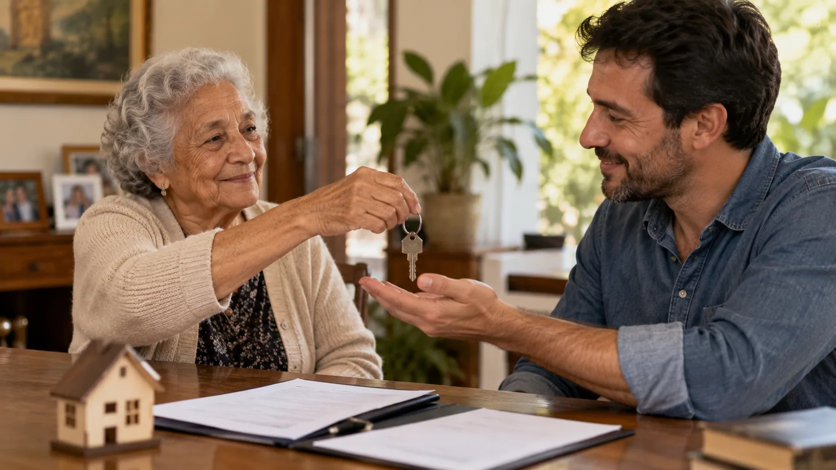 Pessoa idosa entregando simbolicamente a chave de um bem a filho adulto diante de documentos