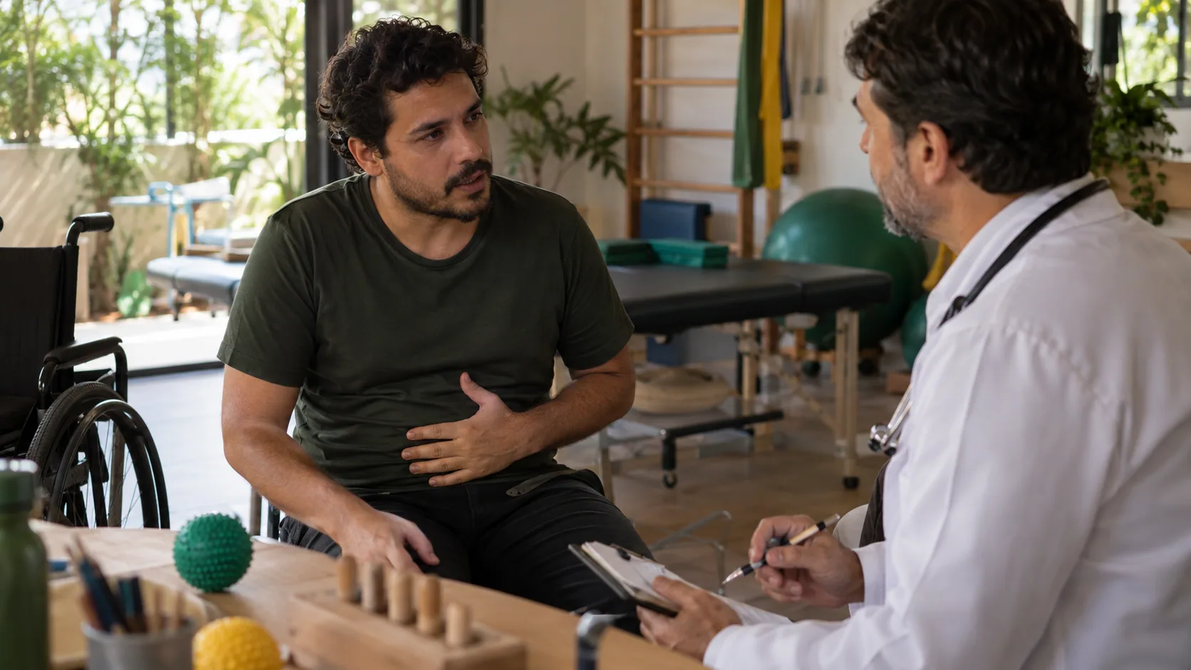 Cena editorial realista sobre Doença de Crohn em atividade, produzida para o Garante Direito