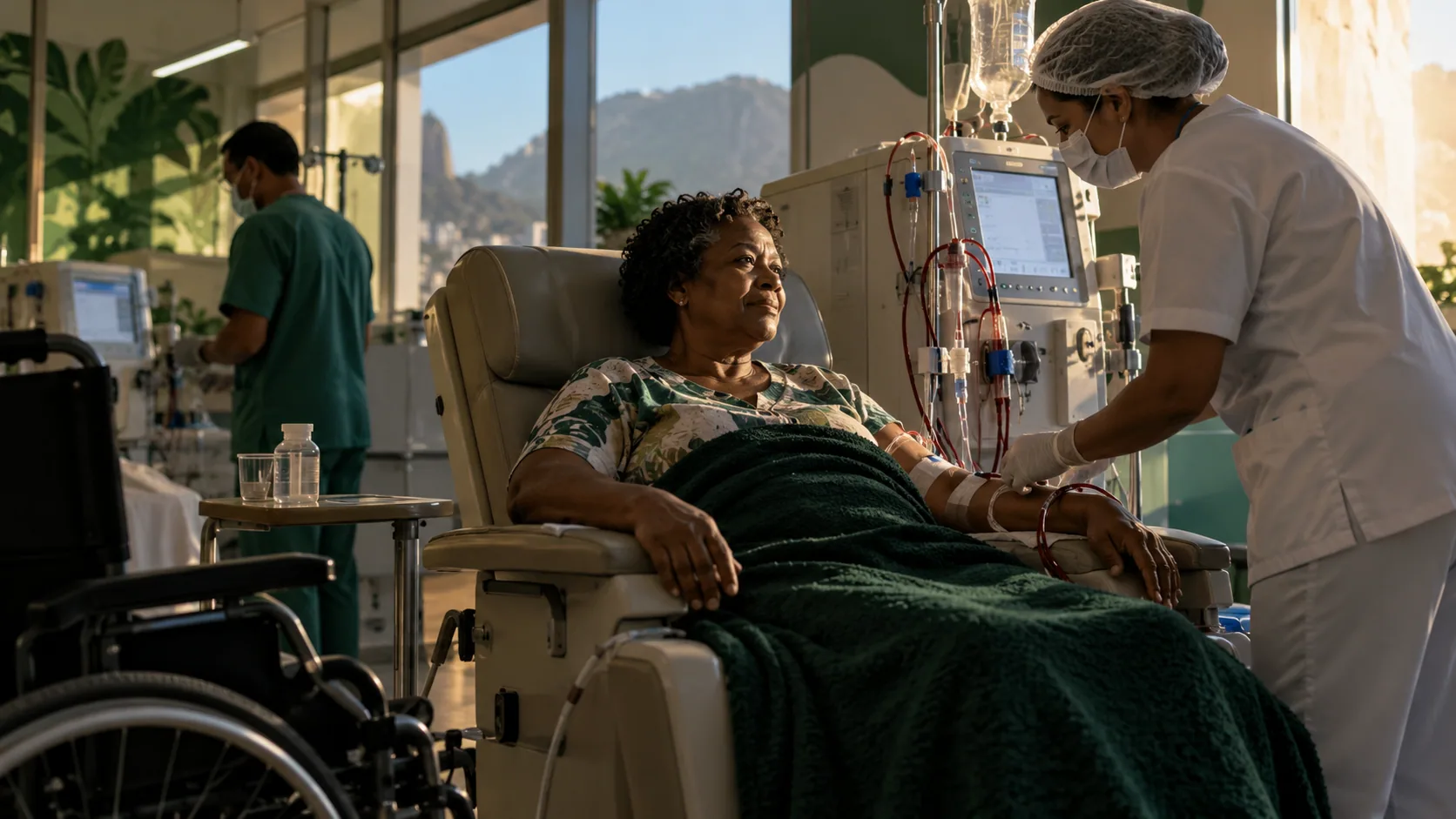Cena editorial realista sobre Doença Renal Terminal em Hemodiálise, produzida para o Garante Direito