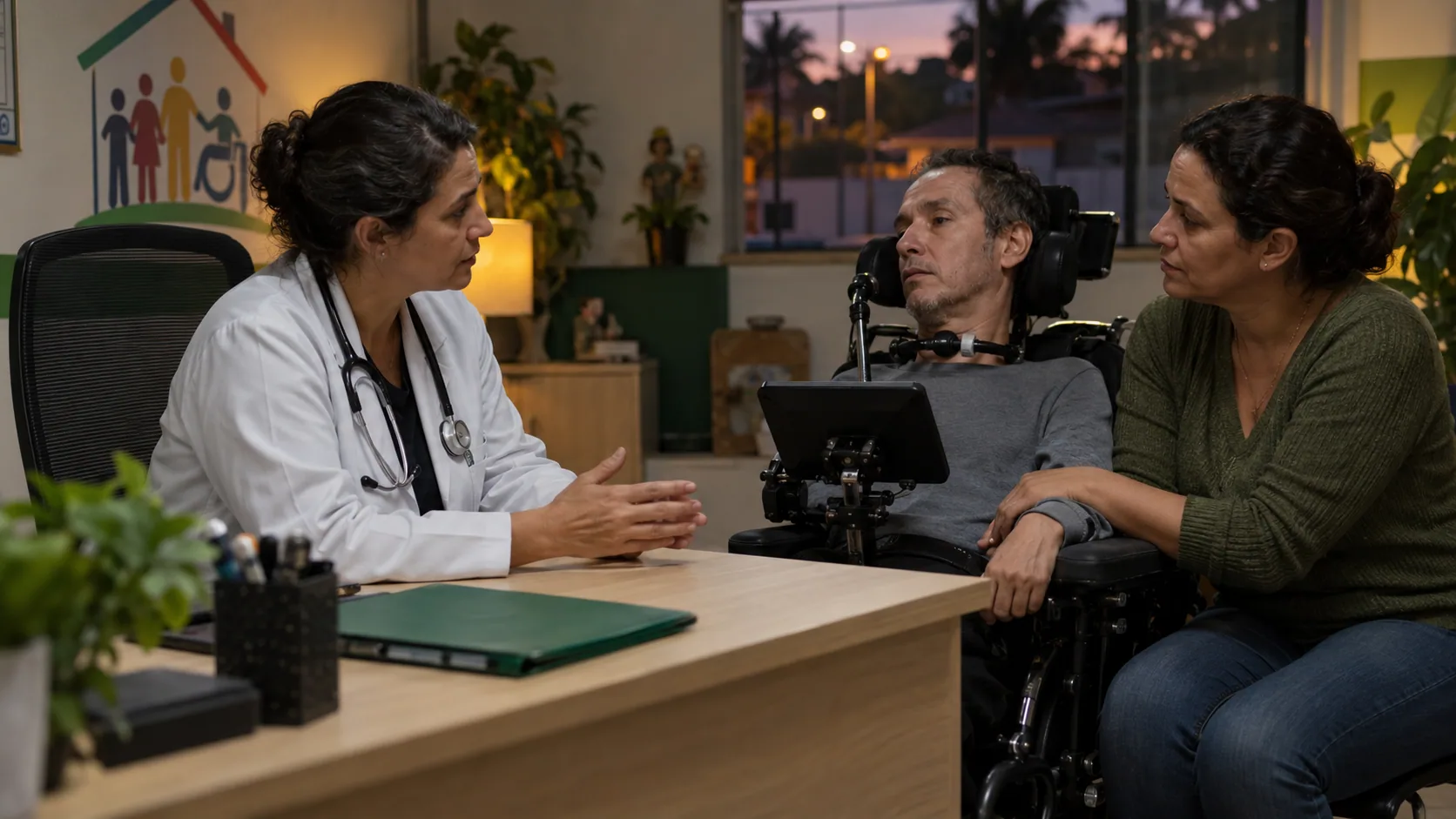 Cena editorial realista sobre Esclerose Lateral Amiotrófica com perda funcional progressiva, produzida para o Garante Direito