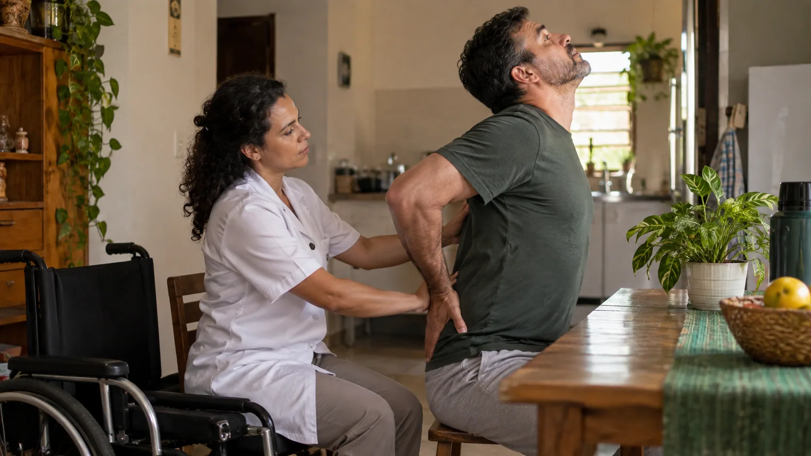 Cena editorial realista sobre Espondilite Anquilosante com anquilose, produzida para o Garante Direito