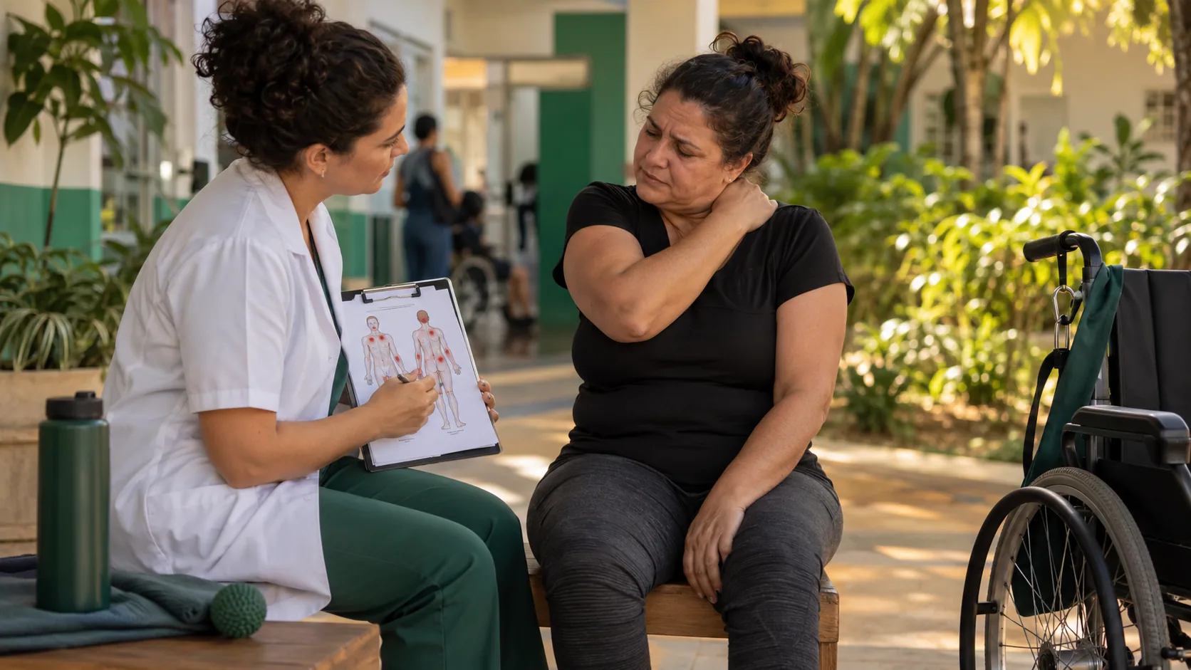 Cena editorial realista sobre Fibromialgia em crise incapacitante, produzida para o Garante Direito