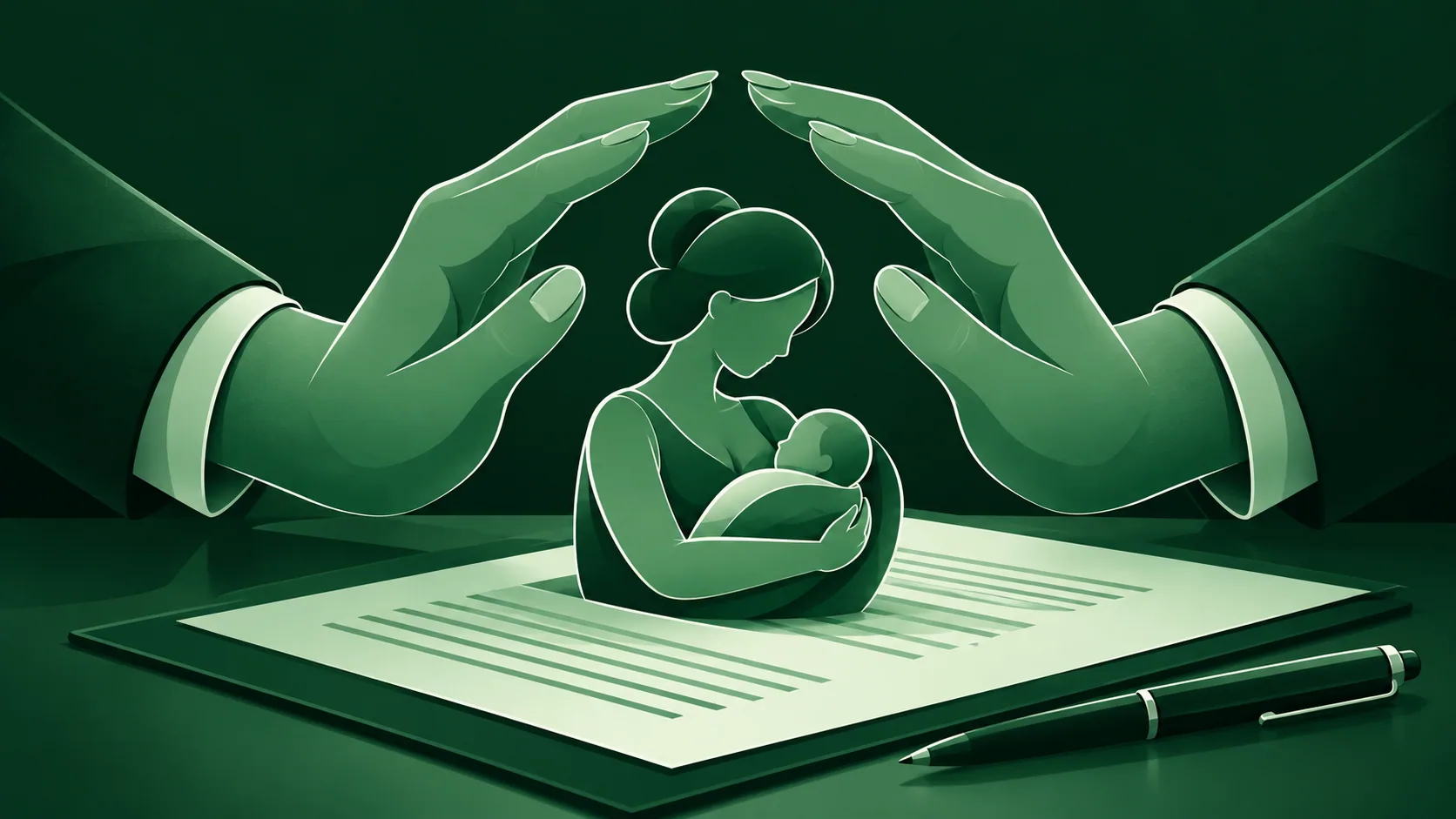 Mãos protegendo uma pequena figura abstrata de maternidade sobre documento de trabalho