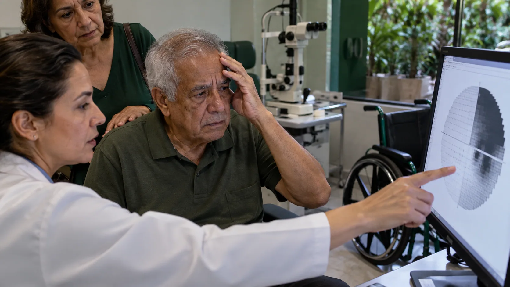 Cena editorial realista sobre Glaucoma em crise aguda, produzida para o Garante Direito