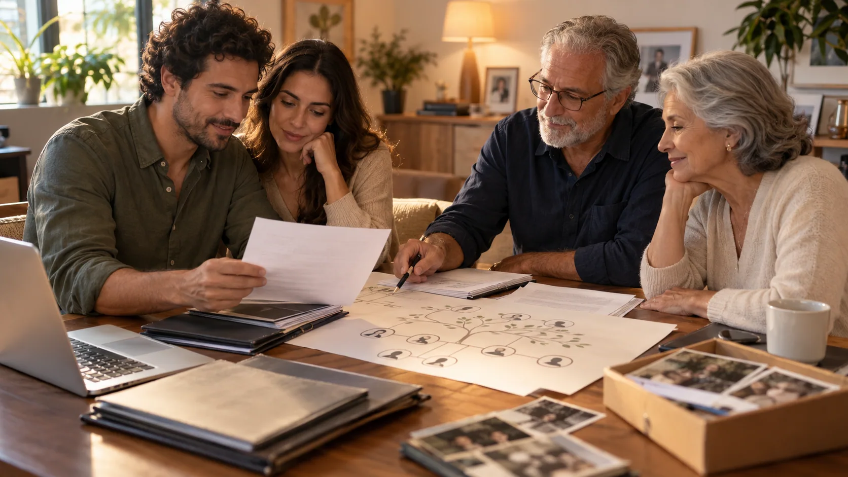 Família adulta organizando documentos de sucessão e árvore familiar de forma acolhedora