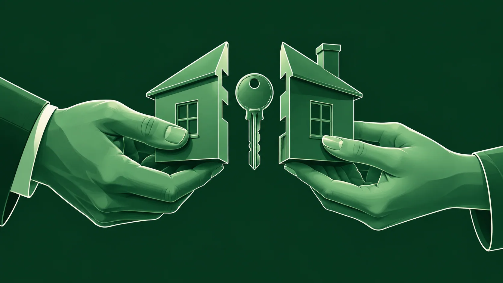 Mãos segurando miniatura de casa dividida em partes e chave central