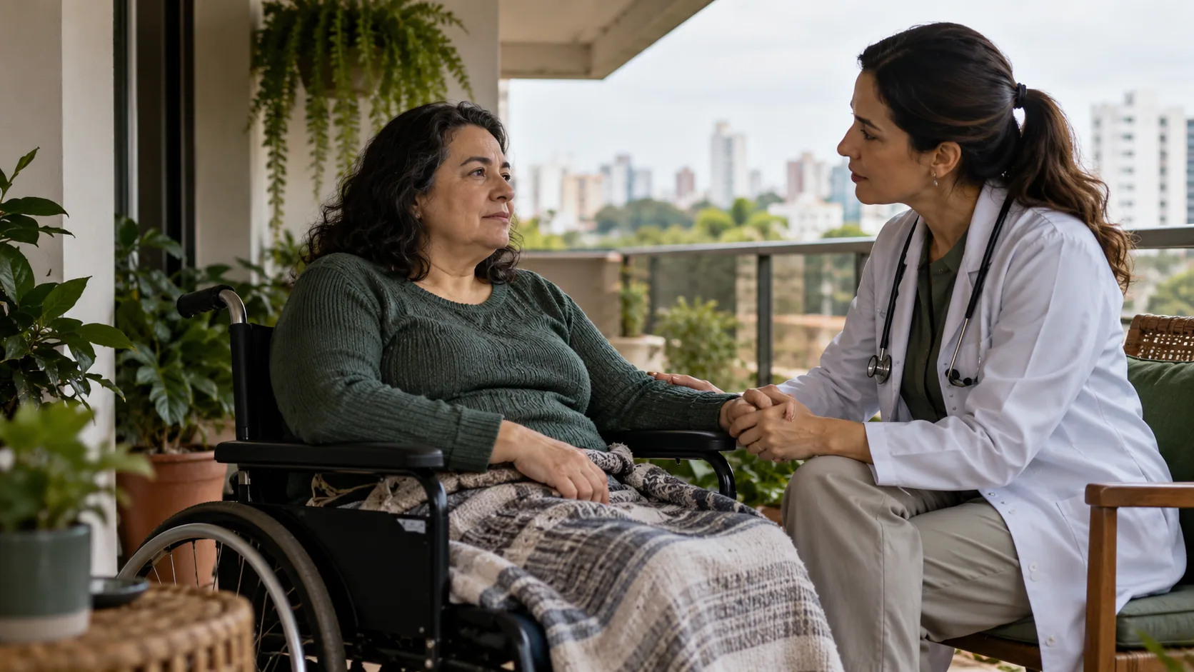 Cena editorial realista sobre Esclerose Múltipla Progressiva, produzida para o Garante Direito