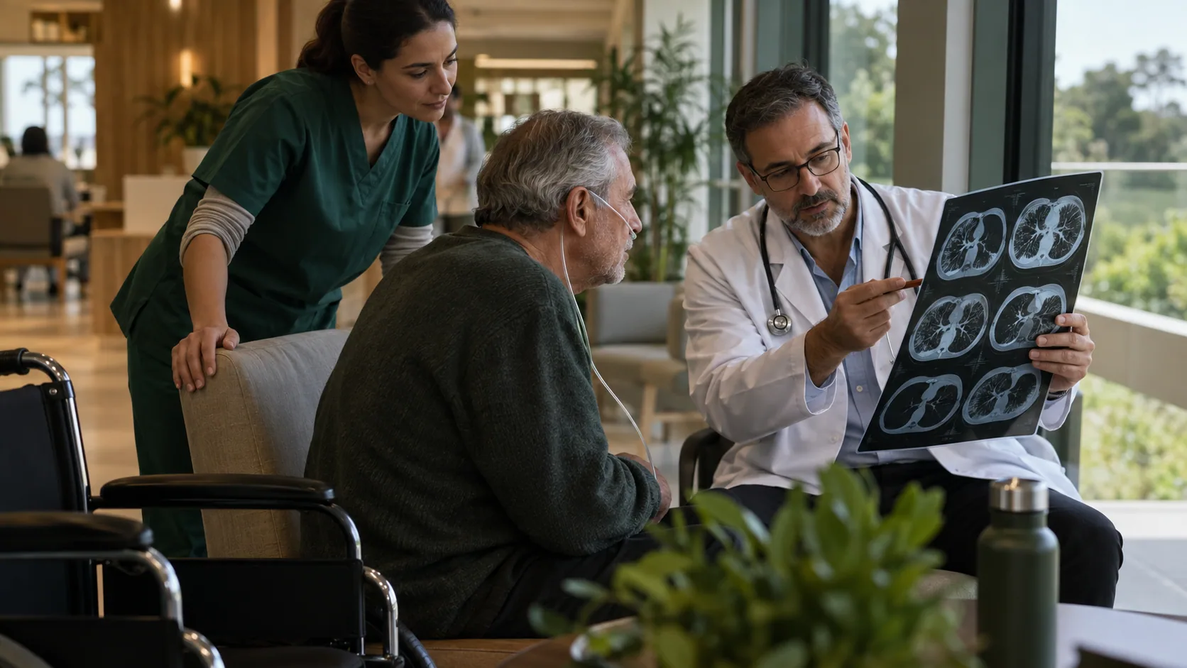 Cena editorial realista sobre Fibrose Pulmonar Idiopática, produzida para o Garante Direito