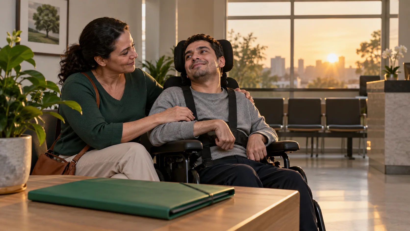 Cena editorial realista sobre Paralisia Cerebral no segurado adulto, produzida para o Garante Direito